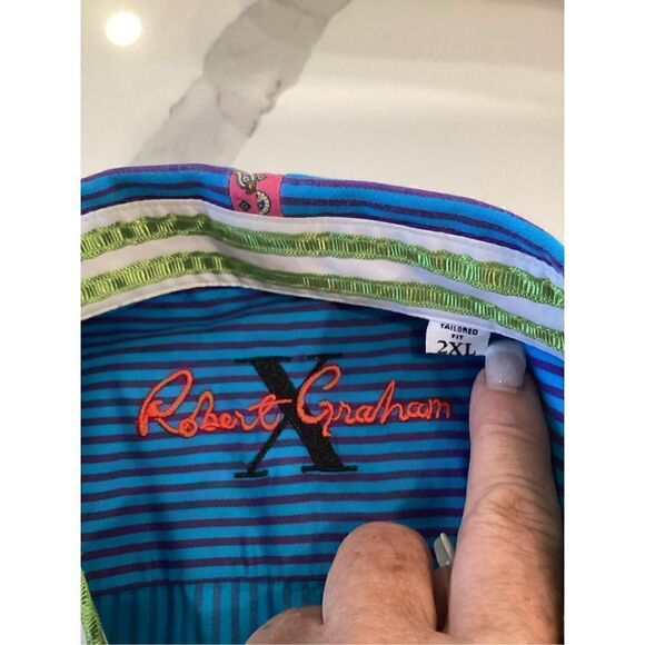 Robert Graham Mens Striped Button Down Shirt Sz 2X Long Sleeve Blue Colorful - Picture 5 of 9